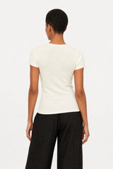 White ribbed zip front knit tee