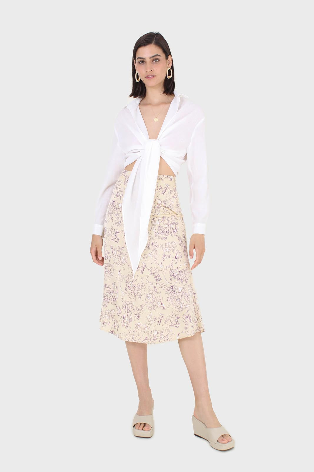 White linen plunging tie front shirt