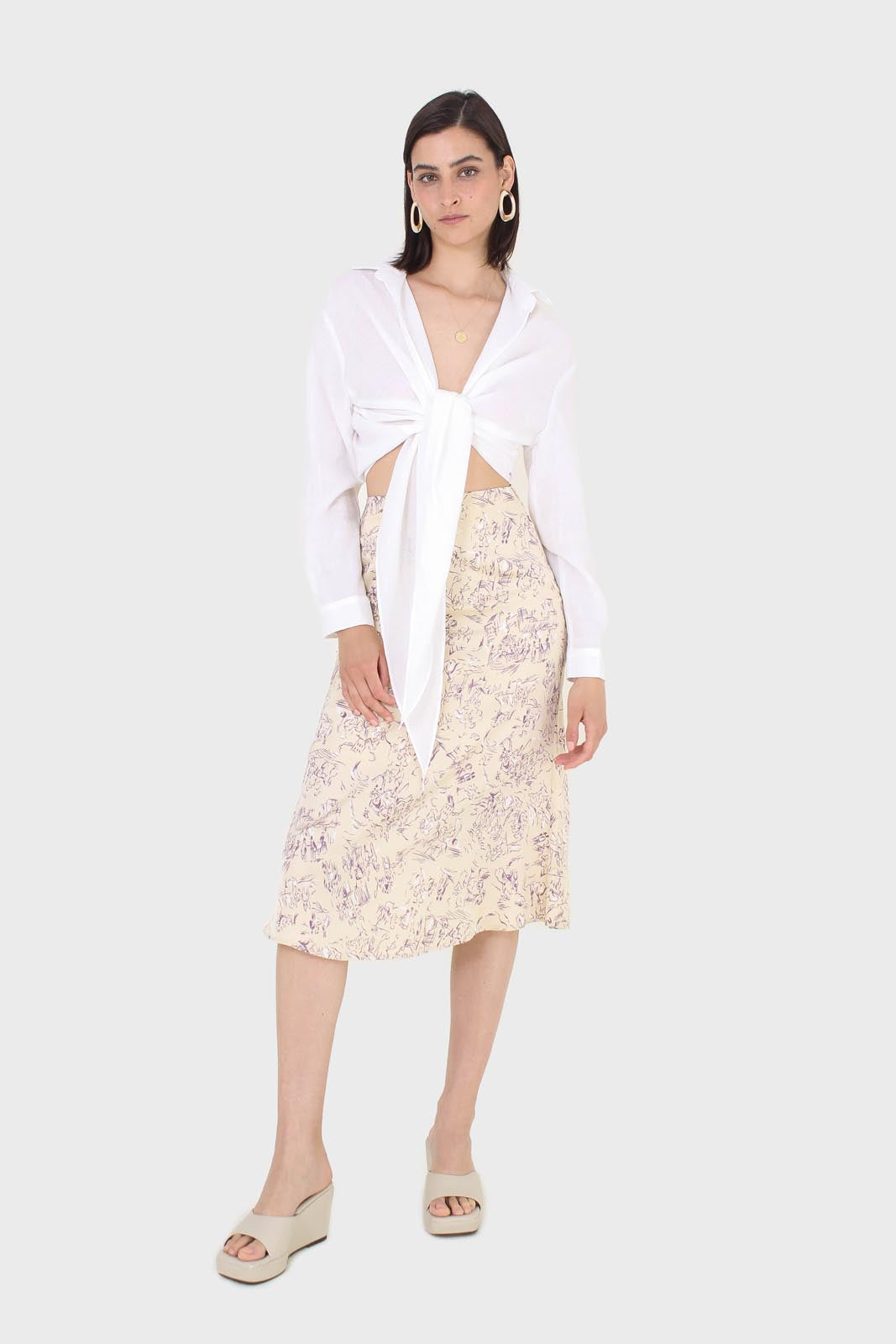 White linen plunging tie front shirt