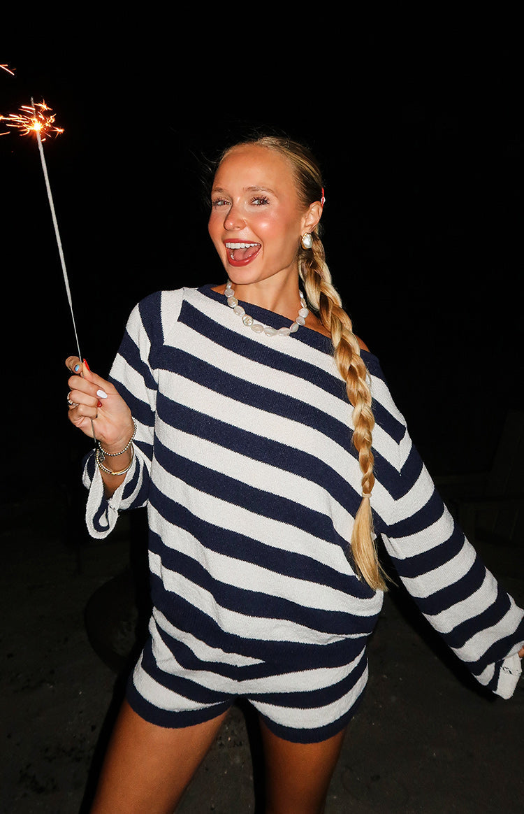 Willa Navy Stripe Off Shoulder Knit Sweater