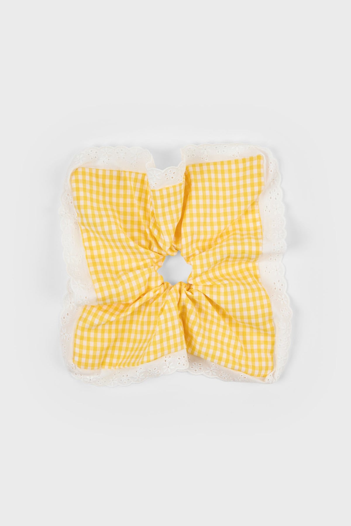 Yellow gingham white eyelet trim square scrunchie