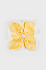 Yellow gingham white eyelet trim square scrunchie