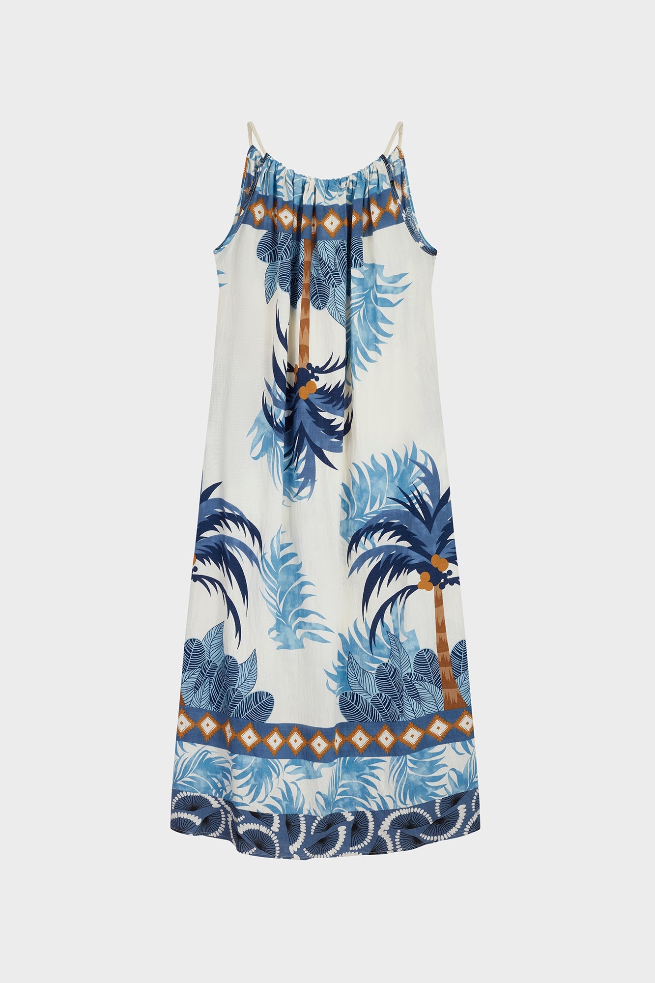 Blue tropical palm tree print linen blend maxi dress