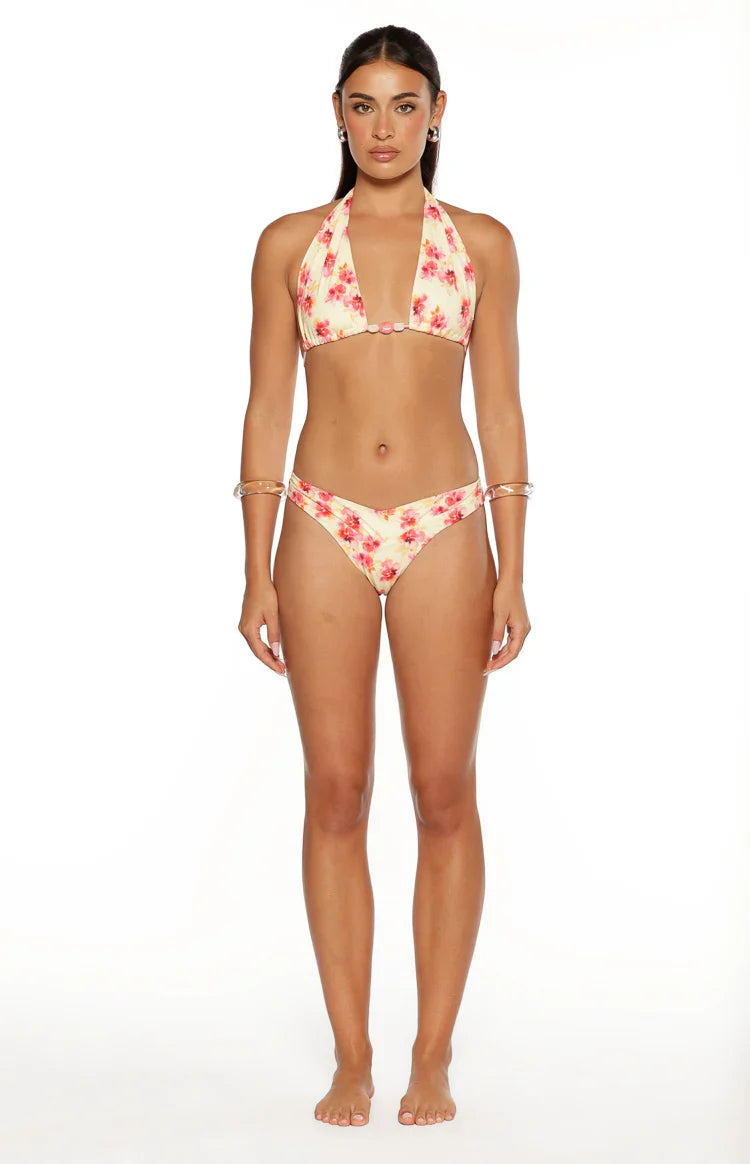 Coraya Yellow and Pink Floral Print Wrap Bikini Bottoms