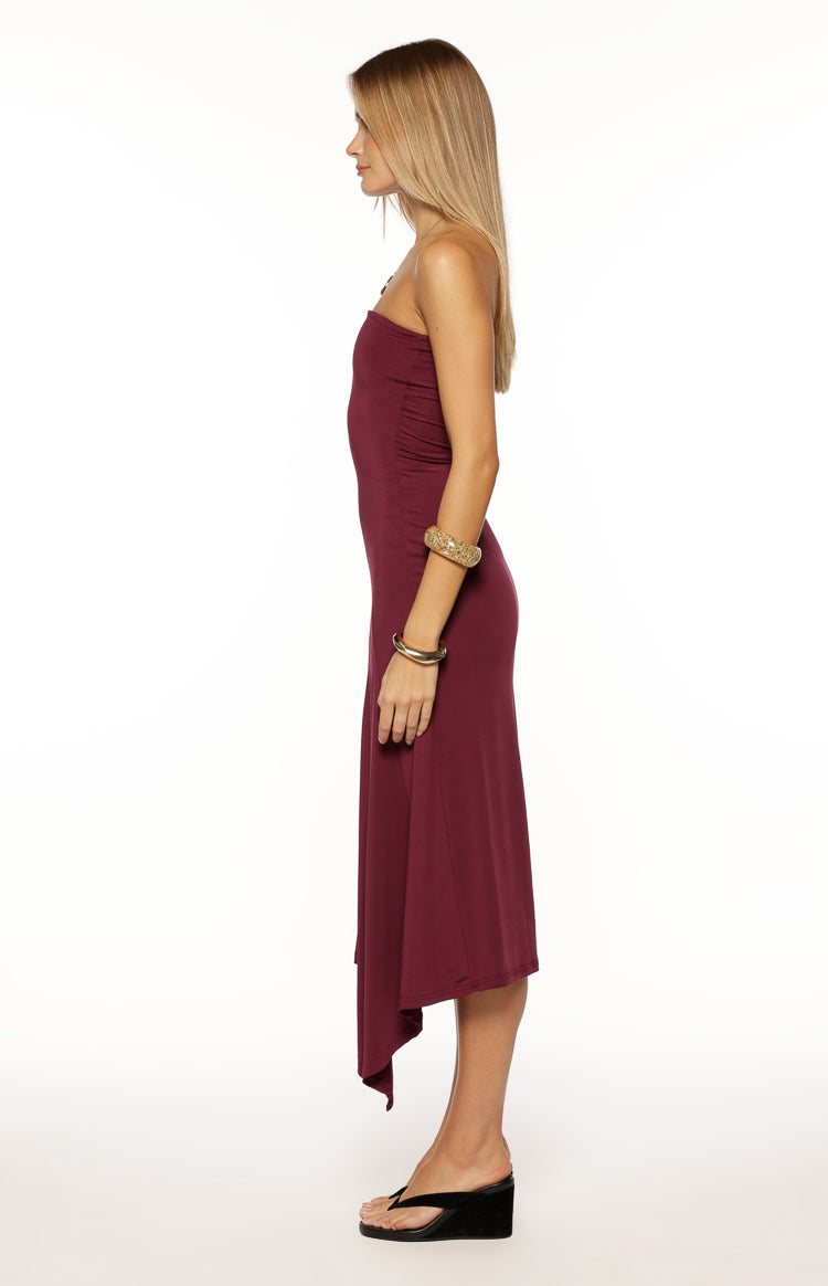 Maura Plum Strapless Asymmetrical Midi Dress