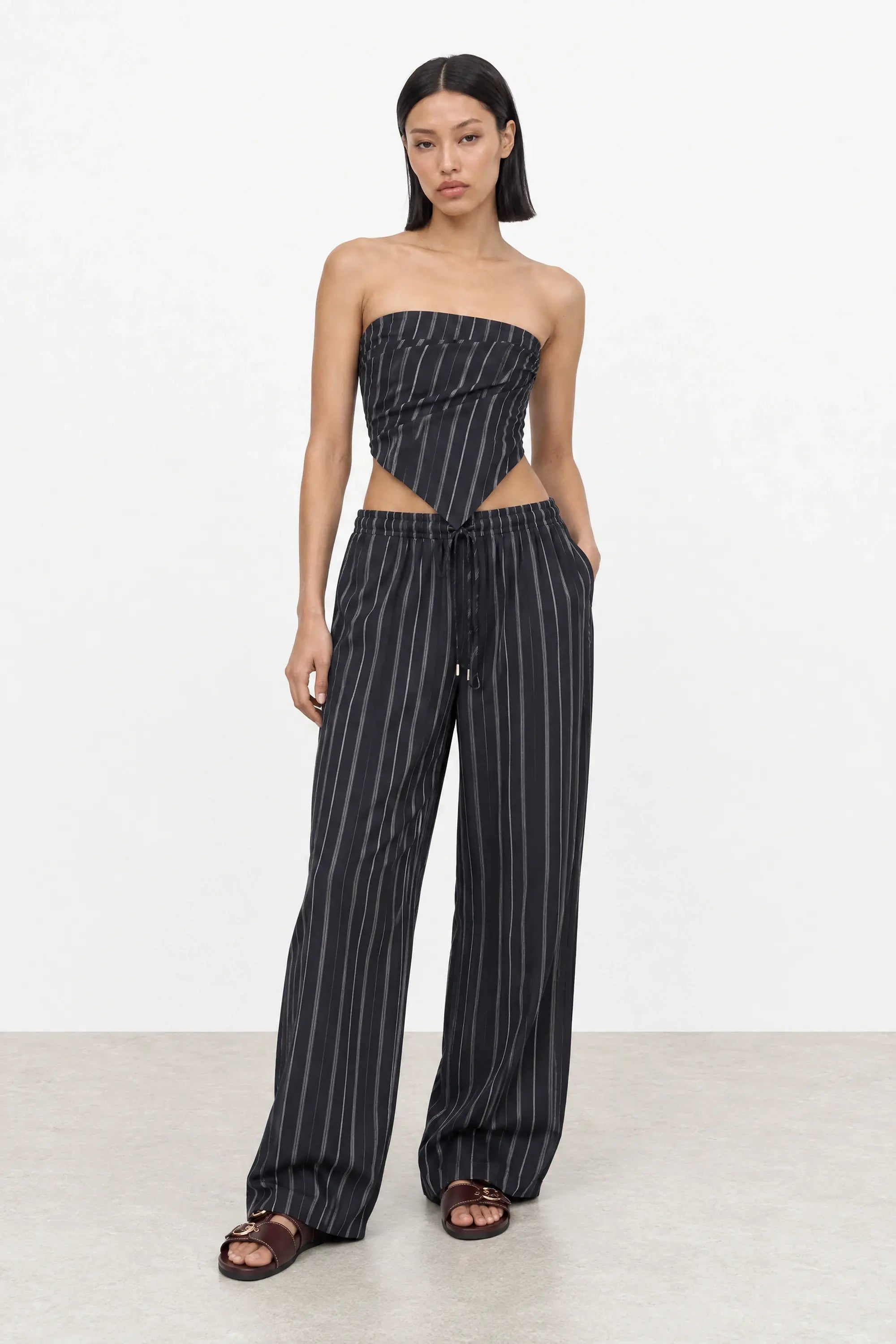Navy blue and white linen blend striped scarf waist trousers