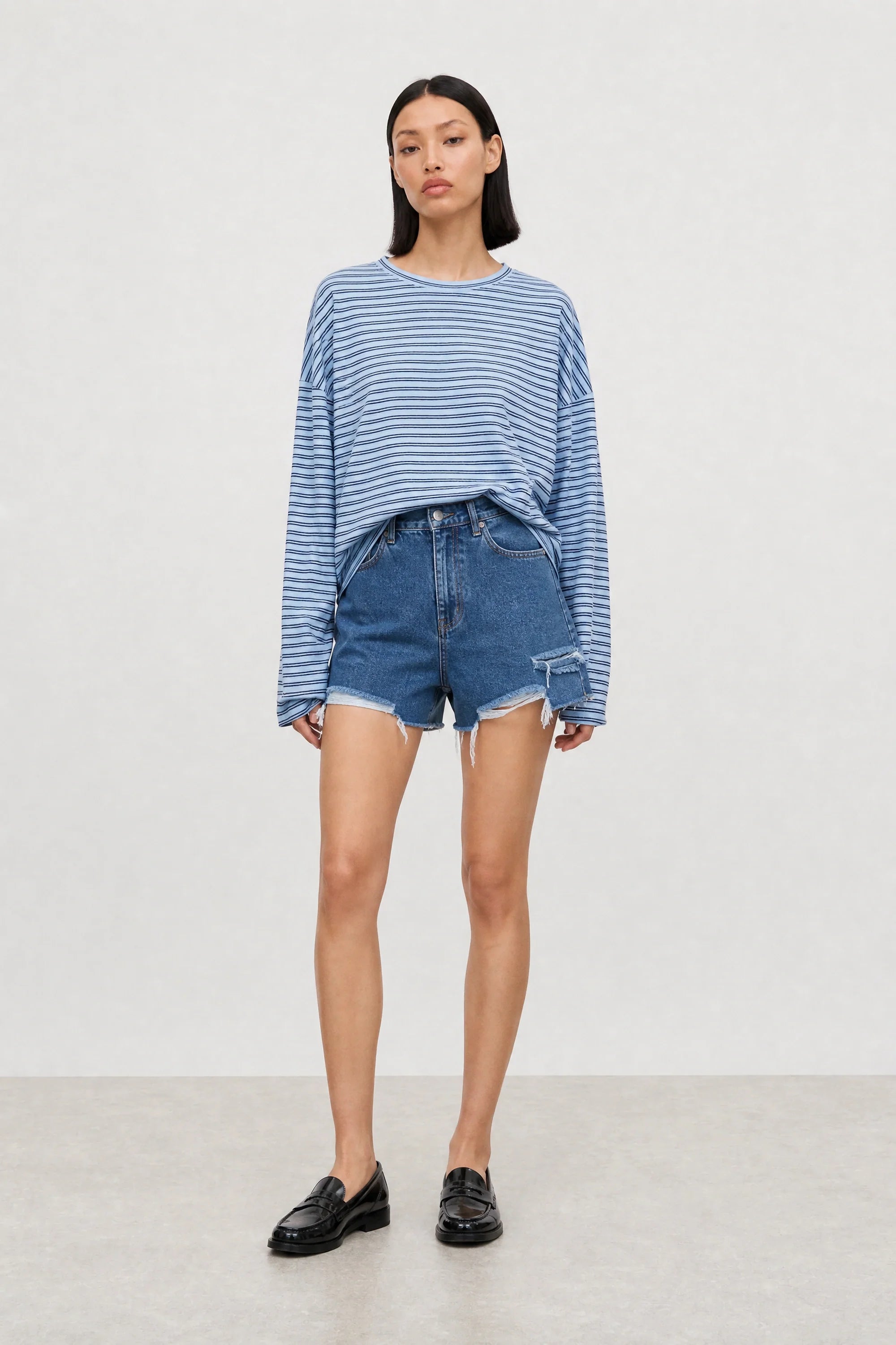 Light blue and navy horizontal double stripe long sleeve tee