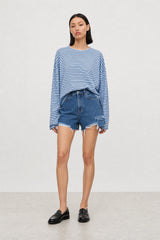 Light blue and navy horizontal double stripe long sleeve tee