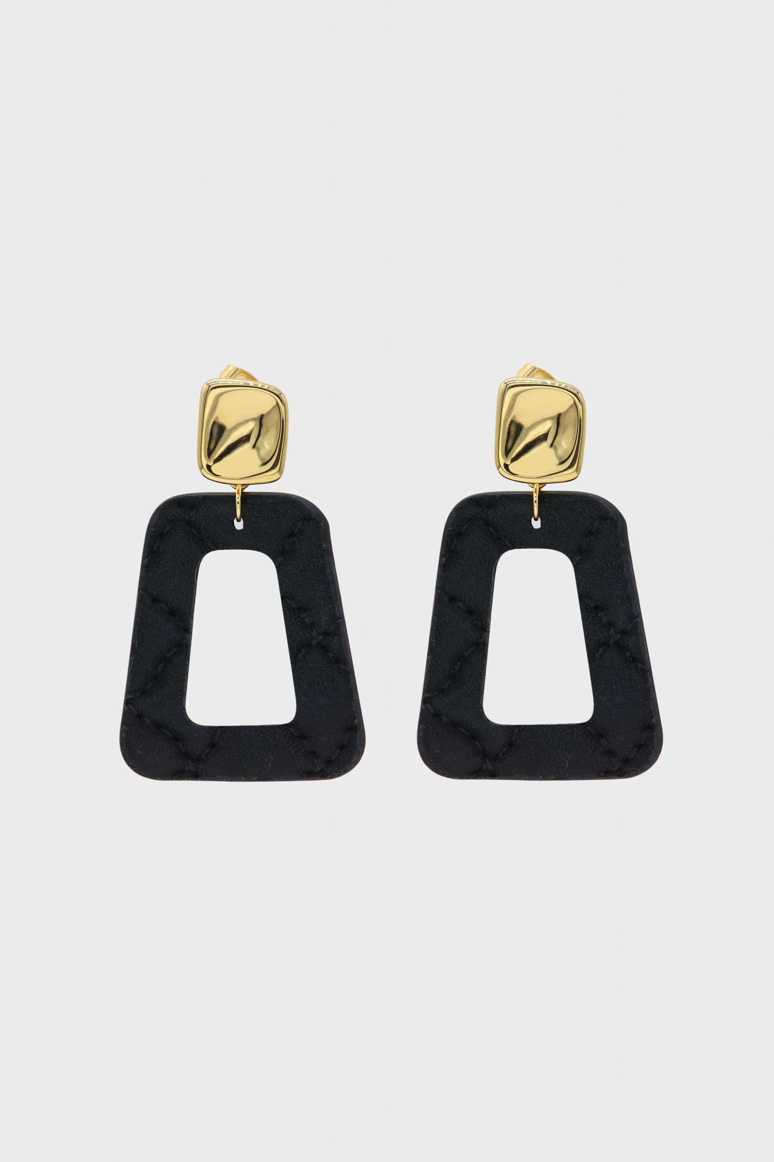 Gold and black vegan leather square drop earrings